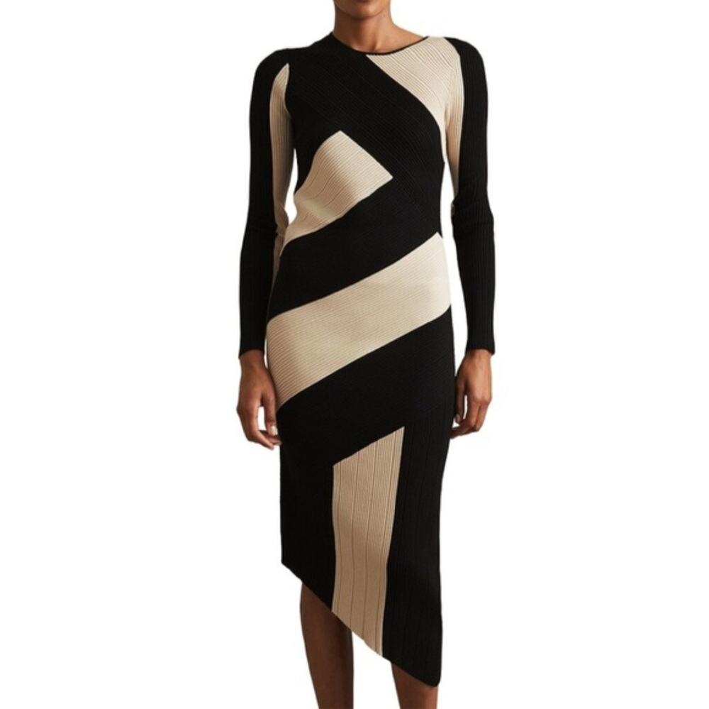 Reiss Jem Knitted Color Block Midi Dress sz XS Black Cream Ribbed Asymmetrical